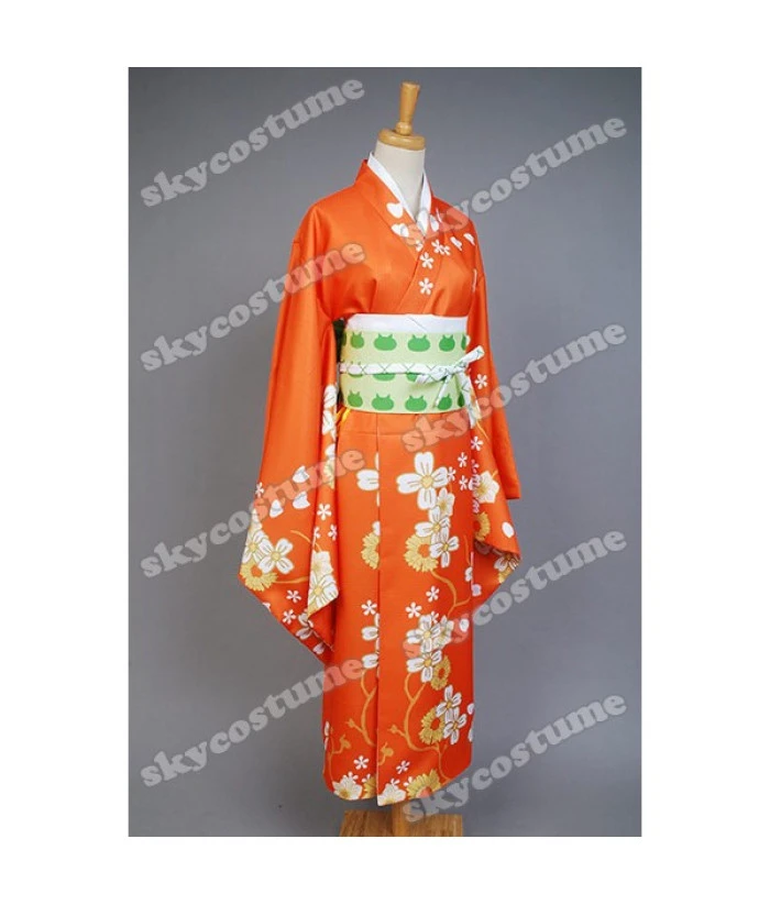 Women Orange Flower Pattern Printed Kimono Japanese Yukata Halloween Costume 4 Women Orange Flower Pattern Printed Kimono Japanese Yukata Halloween Costume - Image 2