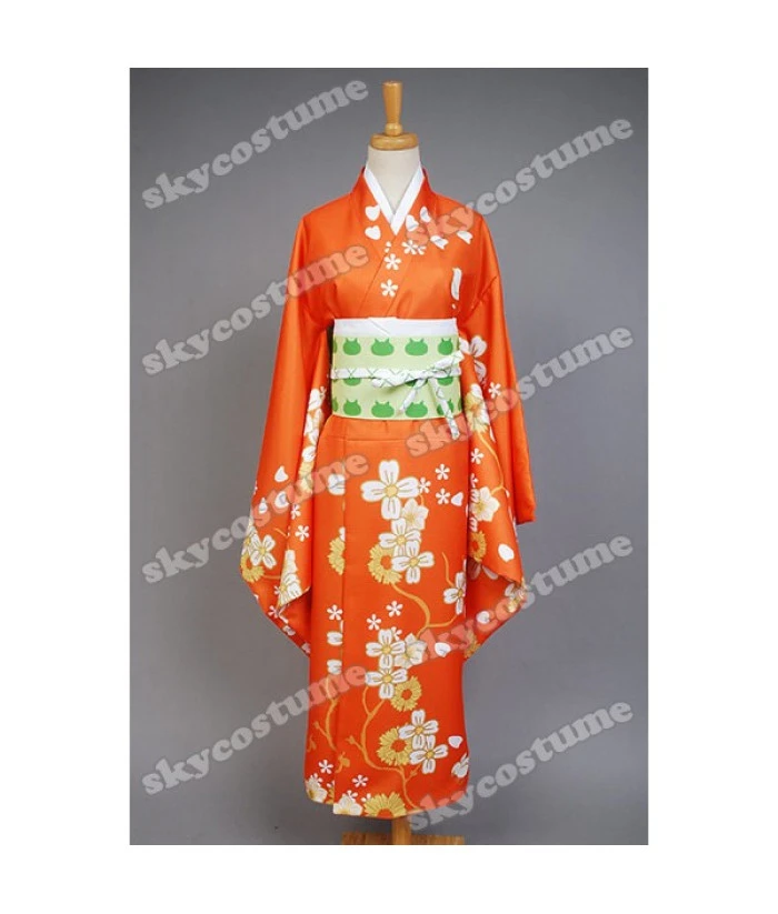 Women Orange Flower Pattern Printed Kimono Japanese Yukata Halloween Costume 9 Women Orange Flower Pattern Printed Kimono Japanese Yukata Halloween Costume - Image 7