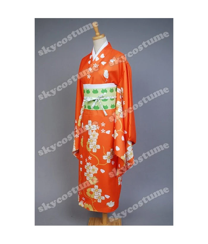 Women Orange Flower Pattern Printed Kimono Japanese Yukata Halloween Costume 7 Women Orange Flower Pattern Printed Kimono Japanese Yukata Halloween Costume - Image 5